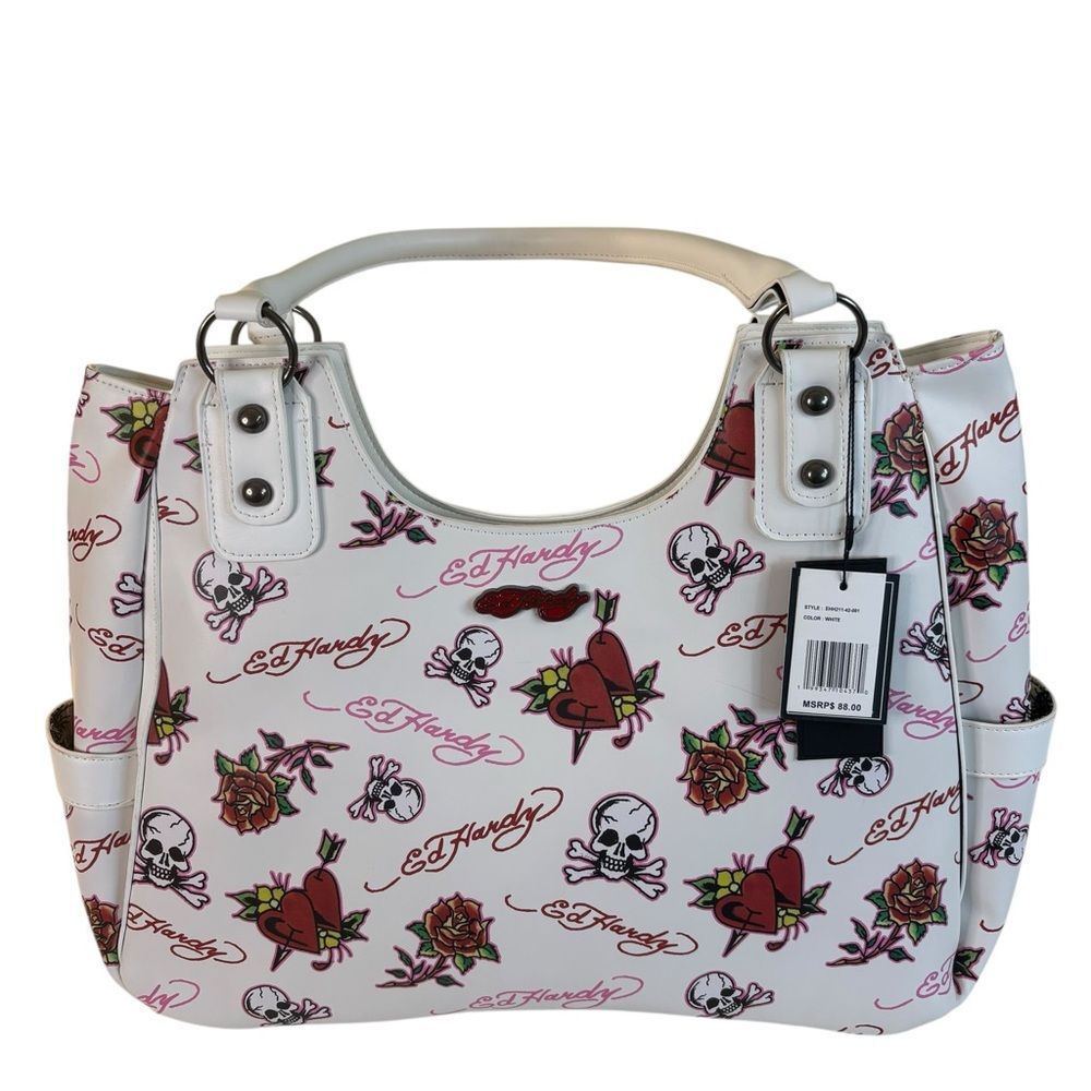 Ed Hardy White Vegan Shoulder Bag w/Signature Tattoo Inspired Designs.